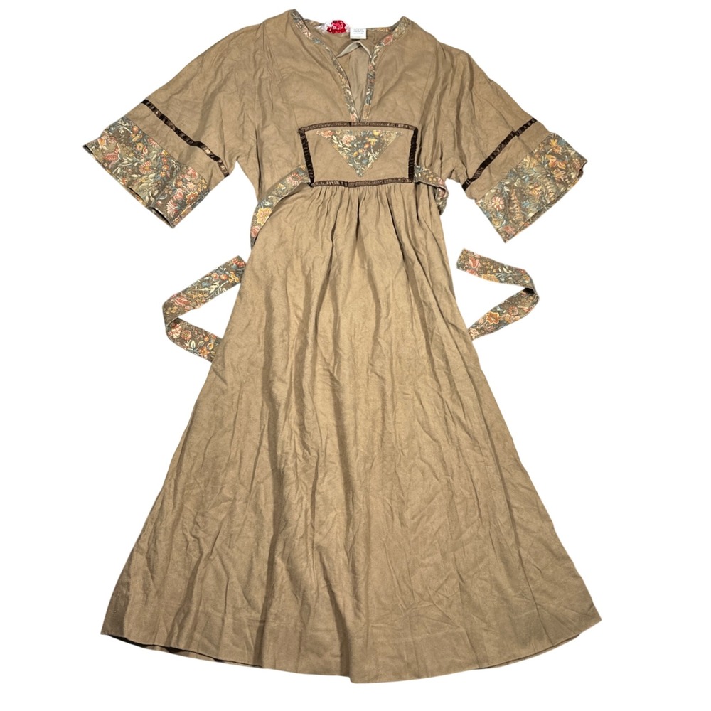 Vintage 70s Jerell of Texas Tan Floral Tapestry Empire Waist Midi Dress Size 5